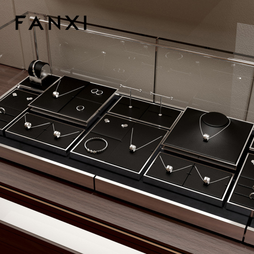 FANXI JS109 black pu leather jewelry square style ring pendant earring exhibition
