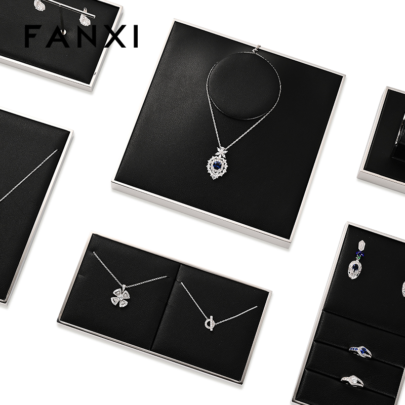 FANXI JS109 black pu leather jewelry square style ring pendant earring exhibition