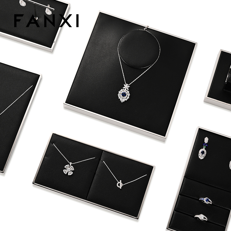 FANXI JS109 black pu leather jewelry square style ring pendant earring exhibition
