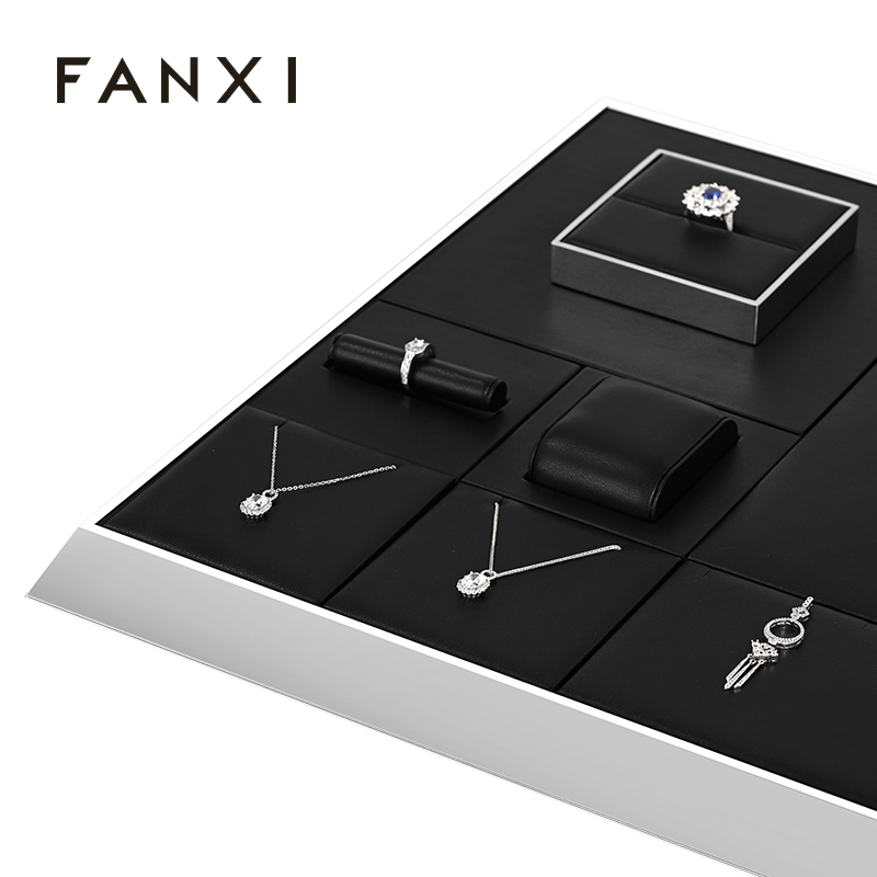 FANXI TT253 black pu leather jewelry square style ring pendant earring exhibition