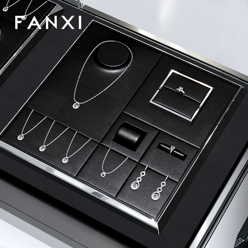 FANXI TT253 black pu leather jewelry square style ring pendant earring exhibition