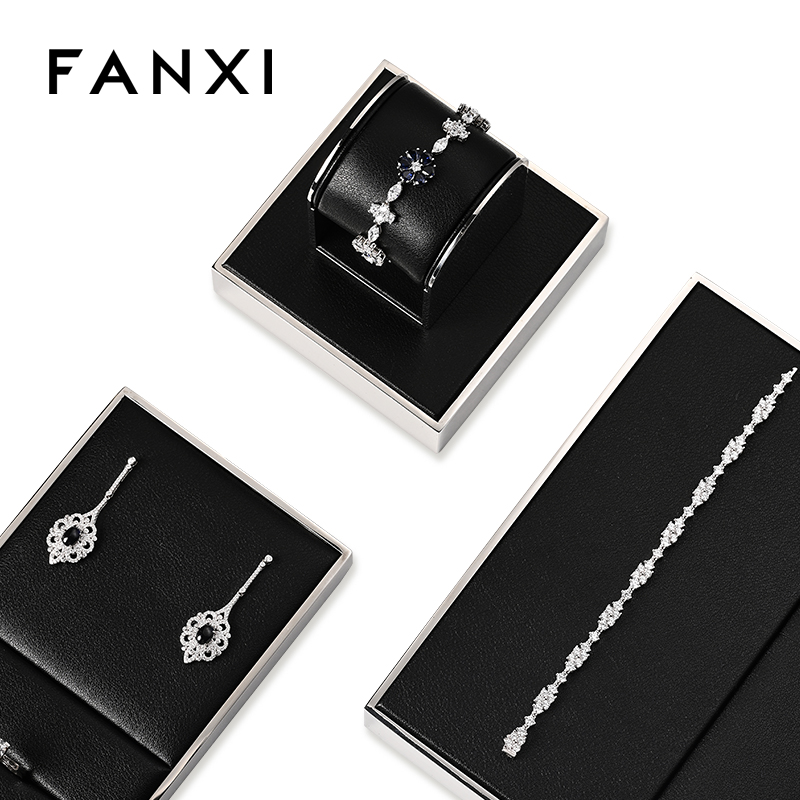 FANXI JS109 black pu leather jewelry square style ring pendant earring exhibition