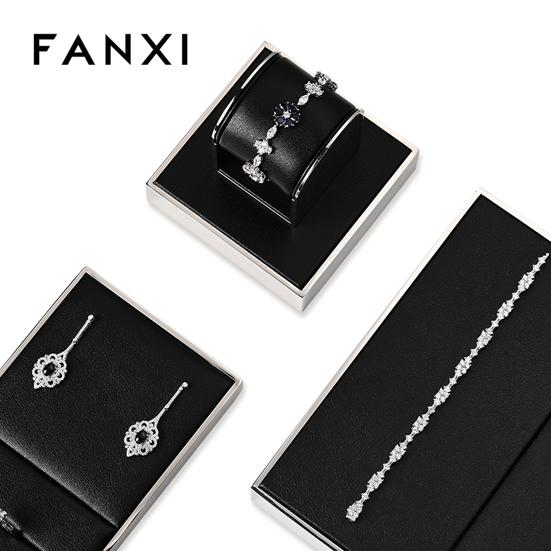 FANXI JS109 black pu leather jewelry square style ring pendant earring exhibition