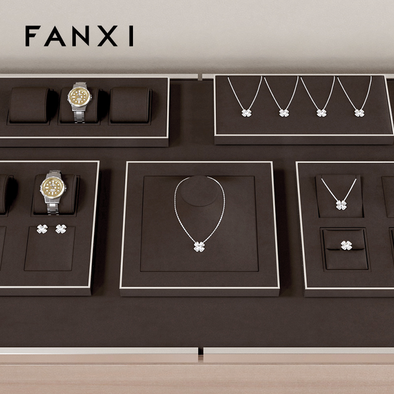 Fashion brown microfiber with silver metal frame jewelry display set JS096