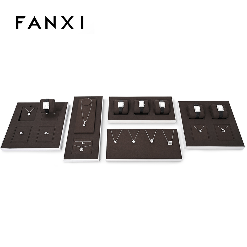Fashion brown microfiber with silver metal frame jewelry display set JS096