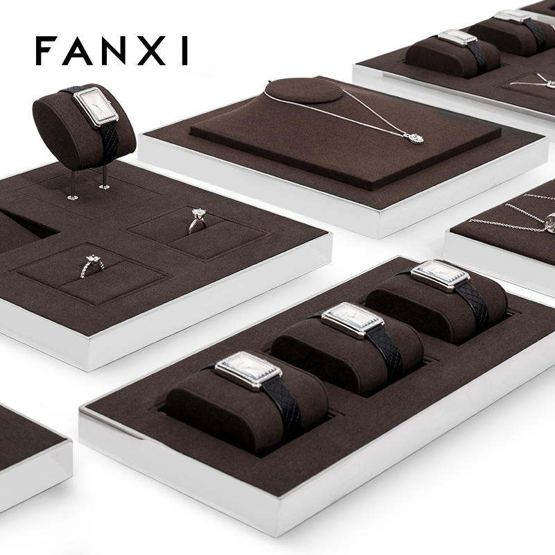 Fashion brown microfiber with silver metal frame jewelry display set JS096