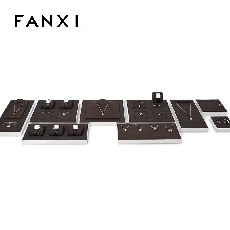 Fashion brown microfiber with silver metal frame jewelry display set JS096
