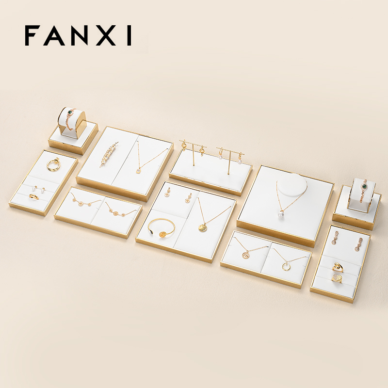 FANXI JS108 Luxury White PU Leather Gold Metal Jewellery Display Stand Freestyle Display Tray