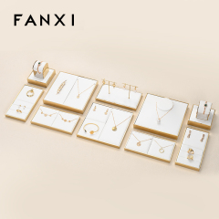 FANXI JS108 Luxury White PU Leather Gold Metal Jewellery Display Stand Freestyle Display Tray