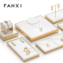 FANXI JS108 Luxury White PU Leather Gold Metal Jewellery Display Stand Freestyle Display Tray