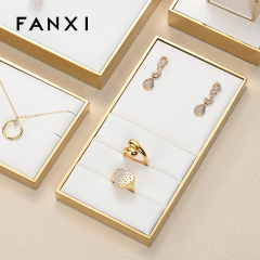 FANXI JS108 Luxury White PU Leather Gold Metal Jewellery Display Stand Freestyle Display Tray