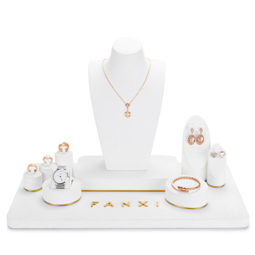 FANXI TT033 elegant white microfiber jewelry display set with golden metal frame base