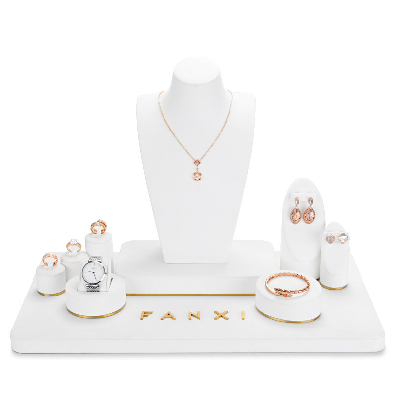 FANXI TT033 elegant white microfiber jewelry display set with golden metal frame base