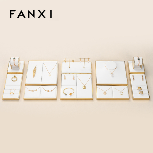 FANXI JS108 Luxury White PU Leather Gold Metal Jewellery Display Stand Freestyle Display Tray