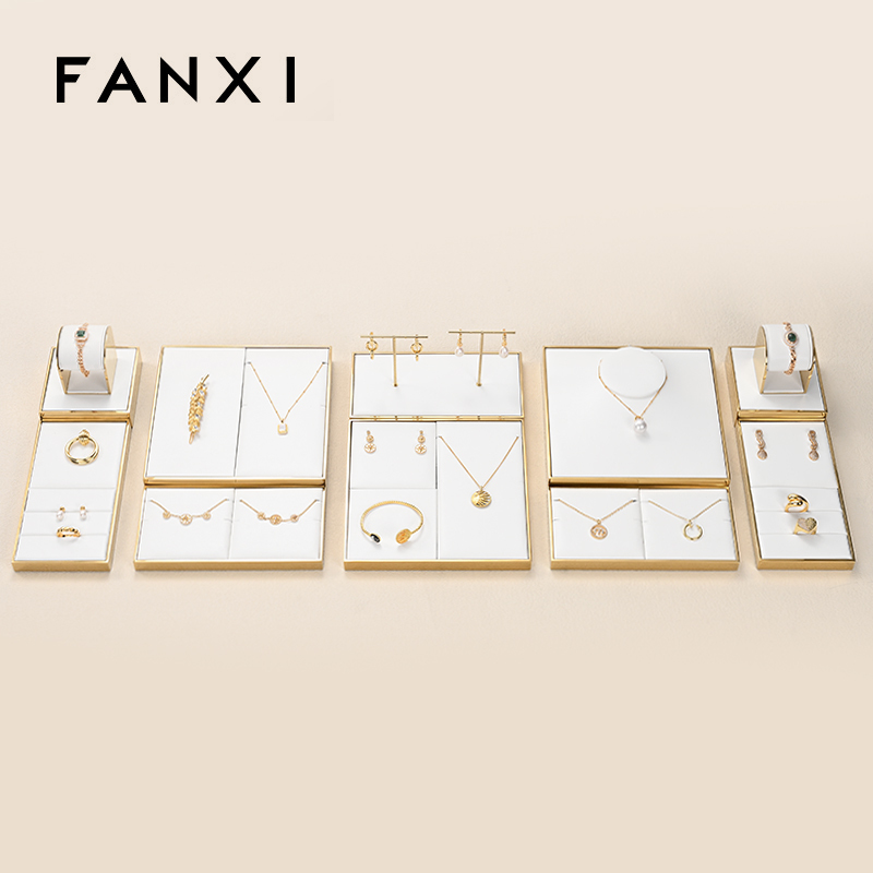 FANXI JS108 Luxury White PU Leather Gold Metal Jewellery Display Stand Freestyle Display Tray
