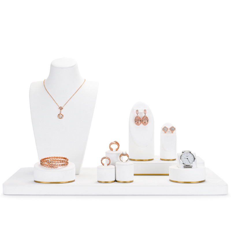 FANXI TT033 elegant white microfiber jewelry display set with golden metal frame base