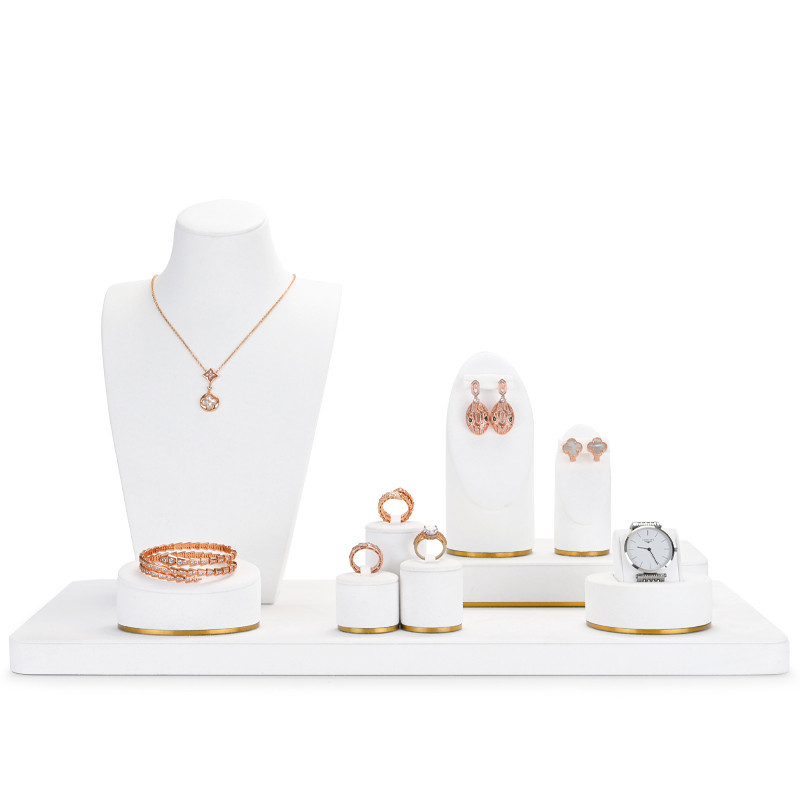 FANXI TT033 elegant white microfiber jewelry display set with golden metal frame base