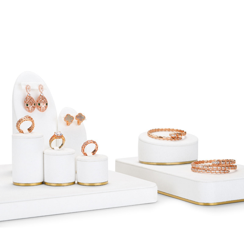 FANXI TT033 elegant white microfiber jewelry display set with golden metal frame base