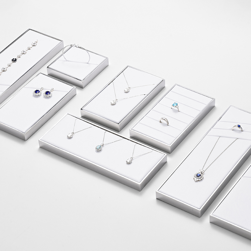 FANXI JS111 new design white pu leather full collection jewelry display set with silver metal frame
