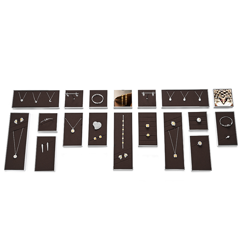 FANXI JS112 new arrival coffee color microfiber jewelry display set with silver metal frame