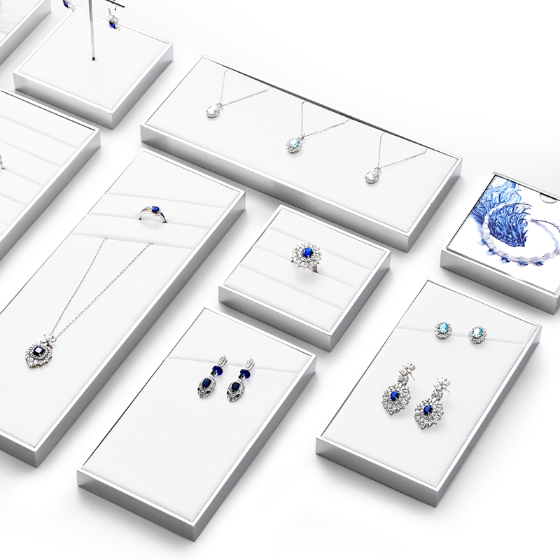 FANXI JS111 new design white pu leather full collection jewelry display set with silver metal frame