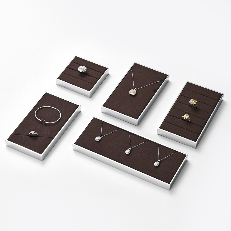 FANXI JS112 new arrival coffee color microfiber jewelry display set with silver metal frame