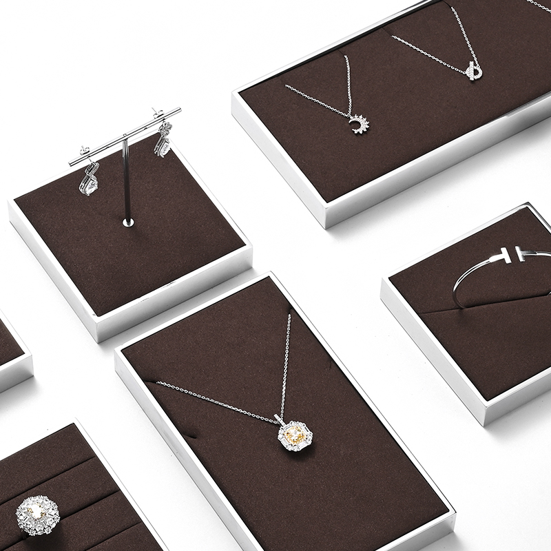 FANXI JS112 new arrival coffee color microfiber jewelry display set with silver metal frame