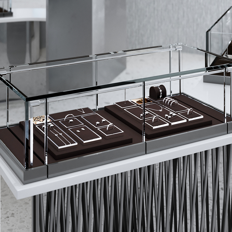 FANXI JS112 new arrival coffee color microfiber jewelry display set with silver metal frame