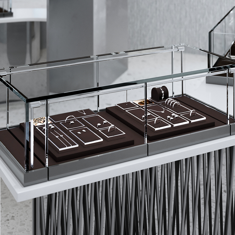 FANXI JS112 new arrival coffee color microfiber jewelry display set with silver metal frame