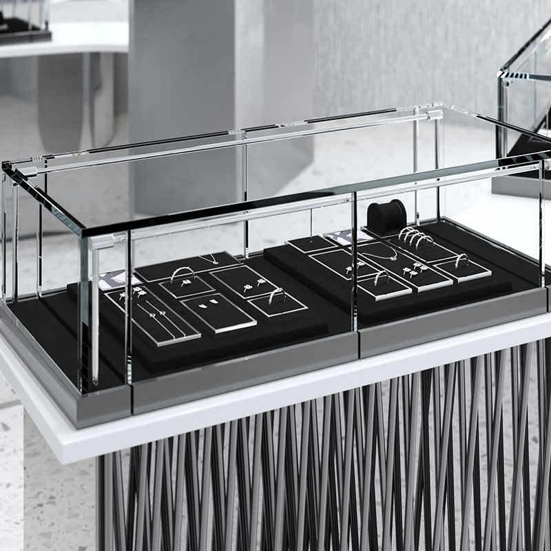 JS110 elegant black microfiber jewelry display set with silver metal frame
