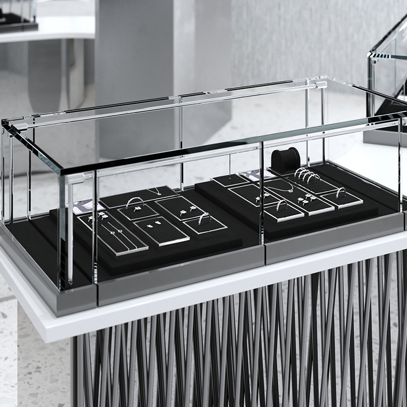 JS110 elegant black microfiber jewelry display set with silver metal frame