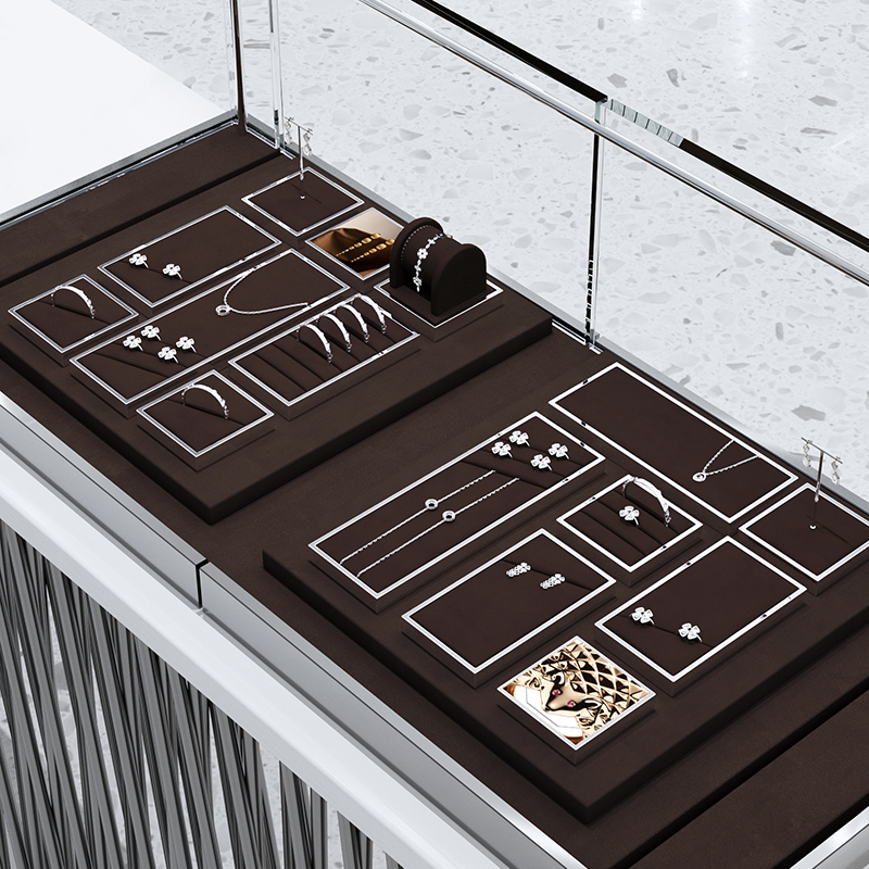 FANXI JS112 new arrival coffee color microfiber jewelry display set with silver metal frame