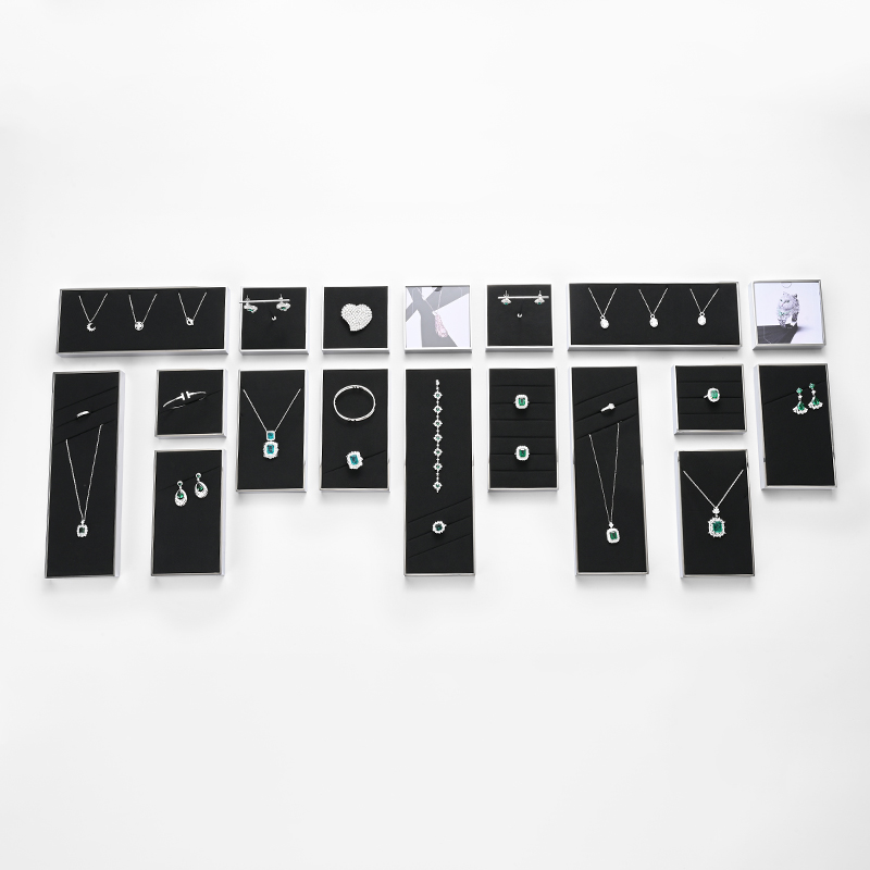 JS110 elegant black microfiber jewelry display set with silver metal frame