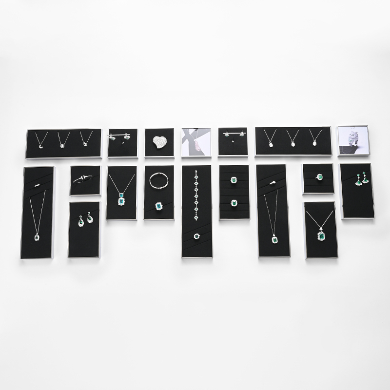 JS110 elegant black microfiber jewelry display set with silver metal frame
