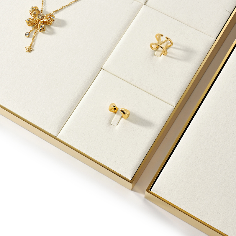 FANXI P144 beige microfiber with gold metal frame jewelry display set for showcase