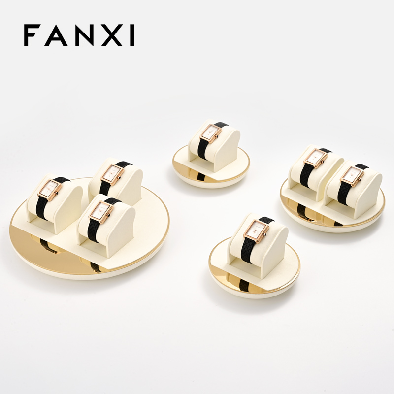 FANXI TT260 soft beige microfiber jewelry display set with gold metal frame