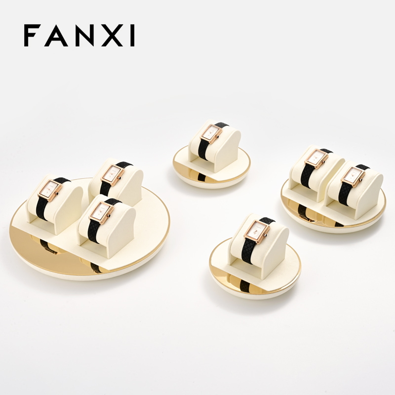 FANXI TT260 soft beige microfiber jewelry display set with gold metal frame