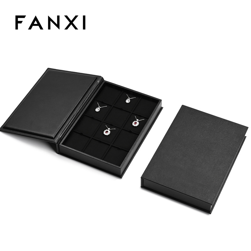 FANXI new design P151 black pu leather outside with black microfiber inside book shape jewelry display tray