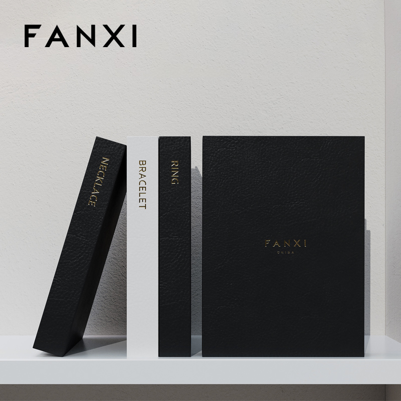 FANXI new design P151 black pu leather outside with black microfiber inside book shape jewelry display tray