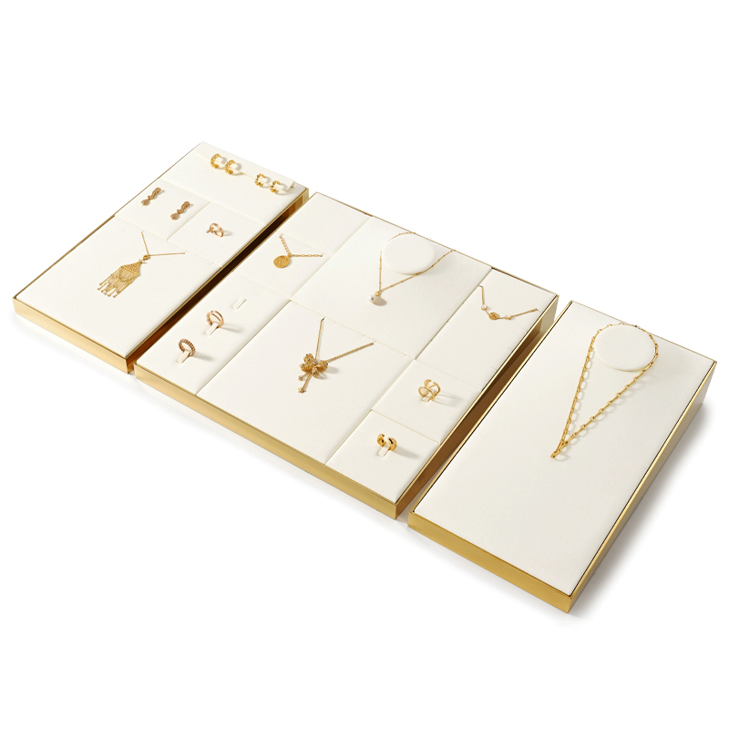 FANXI P144 beige microfiber with gold metal frame jewelry display set for showcase