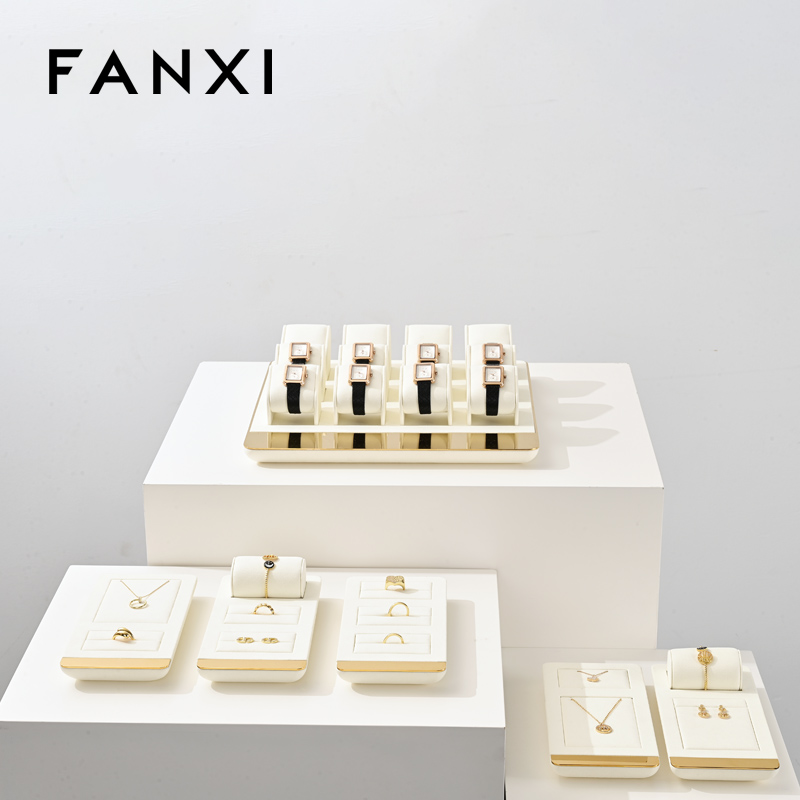 FANXI TT260 soft beige microfiber jewelry display set with gold metal frame