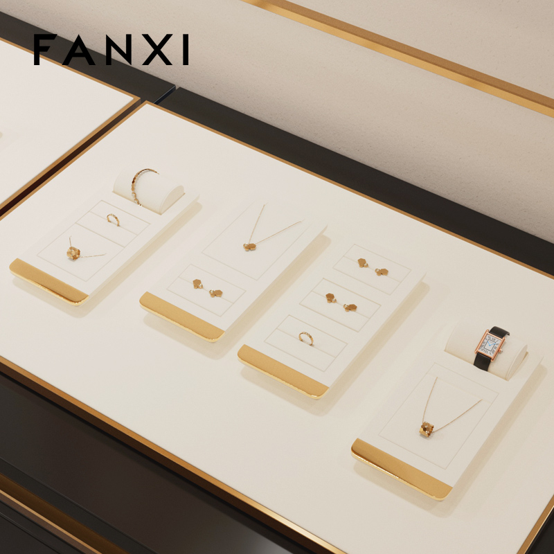 FANXI TT260 soft beige microfiber jewelry display set with gold metal frame
