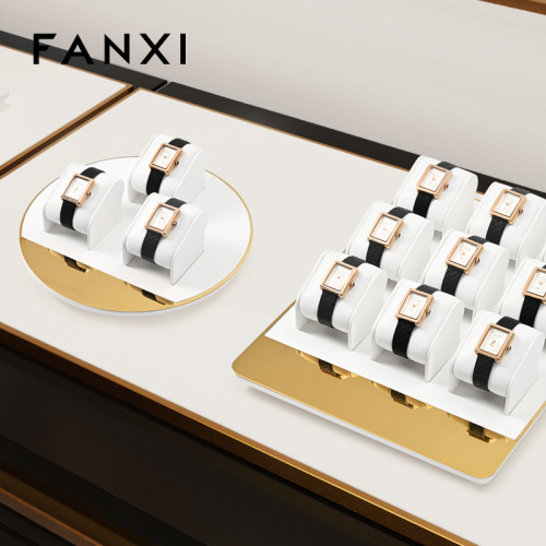 FANXI original design TT259 soft white pu leather with metal frame jewelry display set watch display