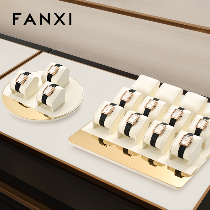 FANXI TT260 soft beige microfiber jewelry display set with gold metal frame