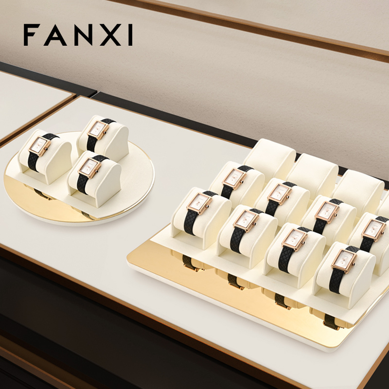 FANXI TT260 soft beige microfiber jewelry display set with gold metal frame