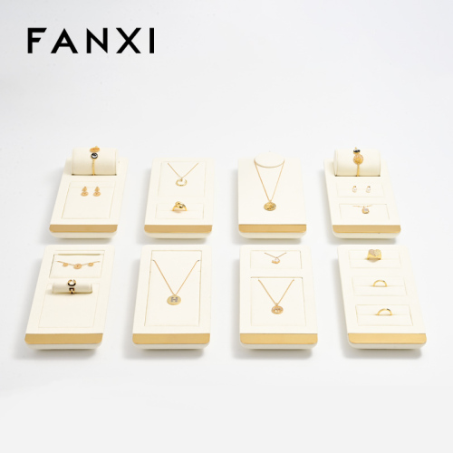FANXI TT260 soft beige microfiber jewelry display set with gold metal frame