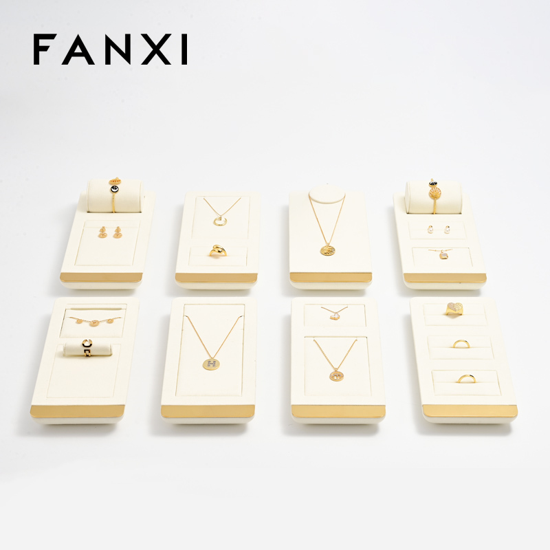 FANXI TT260 soft beige microfiber jewelry display set with gold metal frame