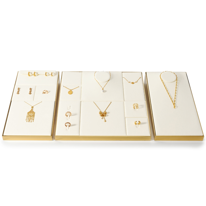 FANXI P144 beige microfiber with gold metal frame jewelry display set for showcase