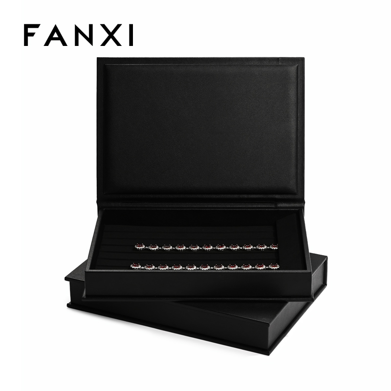 FANXI new design P151 black pu leather outside with black microfiber inside book shape jewelry display tray