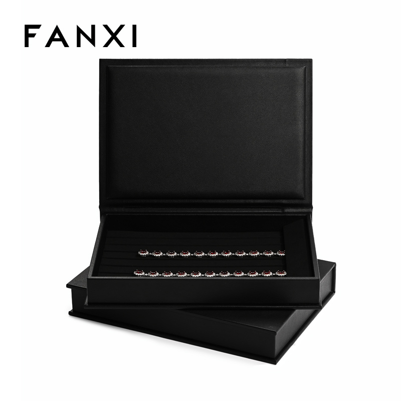 FANXI new design P151 black pu leather outside with black microfiber inside book shape jewelry display tray